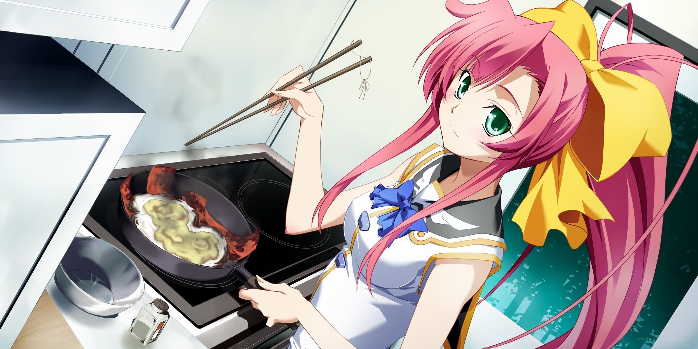 anime girl cooking in kitchen