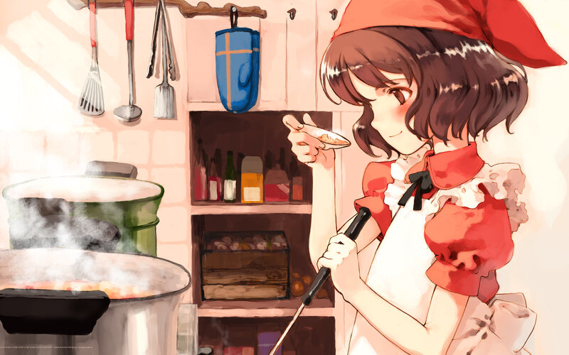 anime girl cooking in kitchen