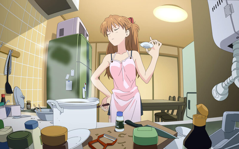 anime girl cooking in kitchen