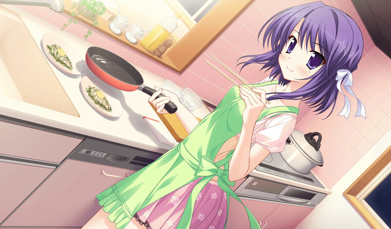 Anime Girl Cooking — Purple, Cheerful