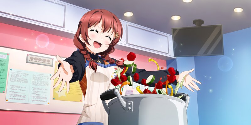 Anime Girl Cooking — Red, Cheerful, Vegetables