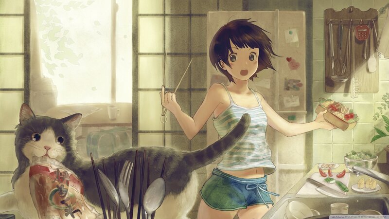 Anime girl cooking with cat