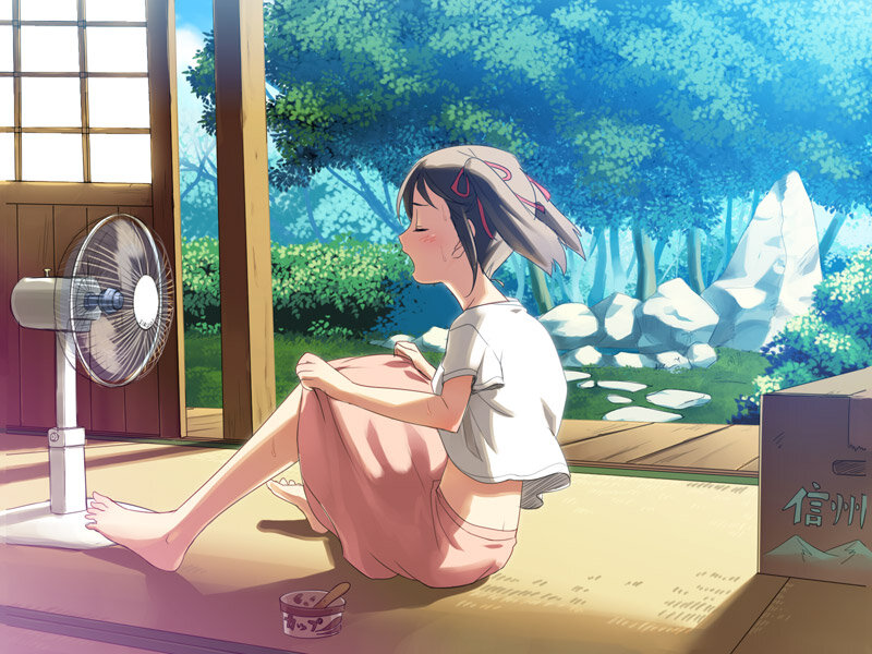Anime girl cooling off with fan