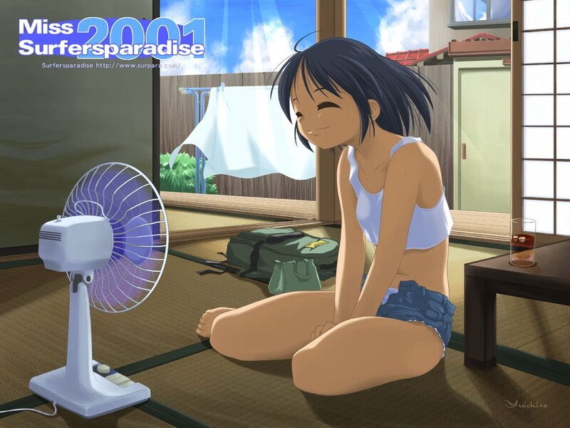 Anime girl cooling off with fan