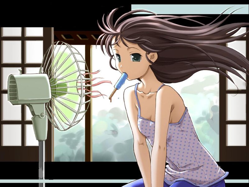 anime girl cooling off with fan