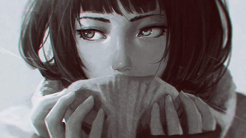 Anime Girl Covering Mouth — Gray, Dramatic