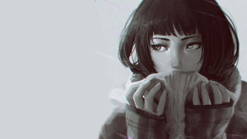 Anime Girl Covering Mouth — Gray, Melancholic