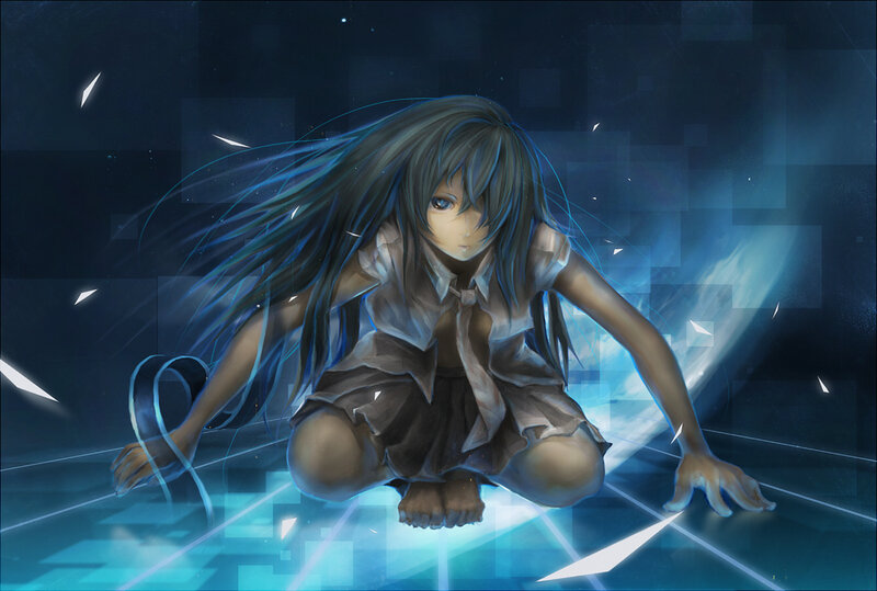 Anime Girl Crouching — Blue, Dramatic, Night, Digital Art