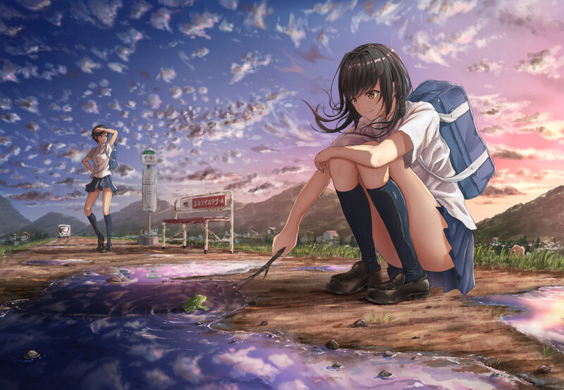 Anime Girl Crouching — Blue, Serene
