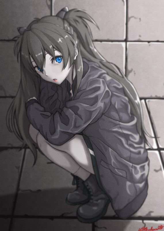 Anime Girl Crouching — Gray, Melancholic