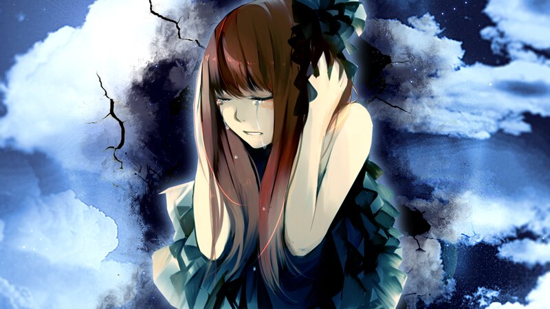 Anime Girl Crying — Blue, Dramatic, Night, Digital Art