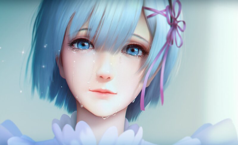 Anime Girl Crying — Blue, Sad, Digital Art, Tears, Ribbon