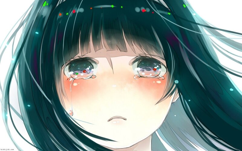 Anime Girl Crying — Blue, Sad, Digital Art