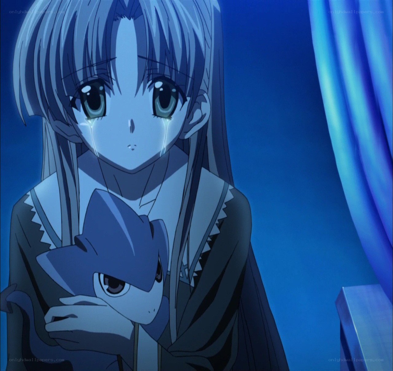 anime girl crying with a creature