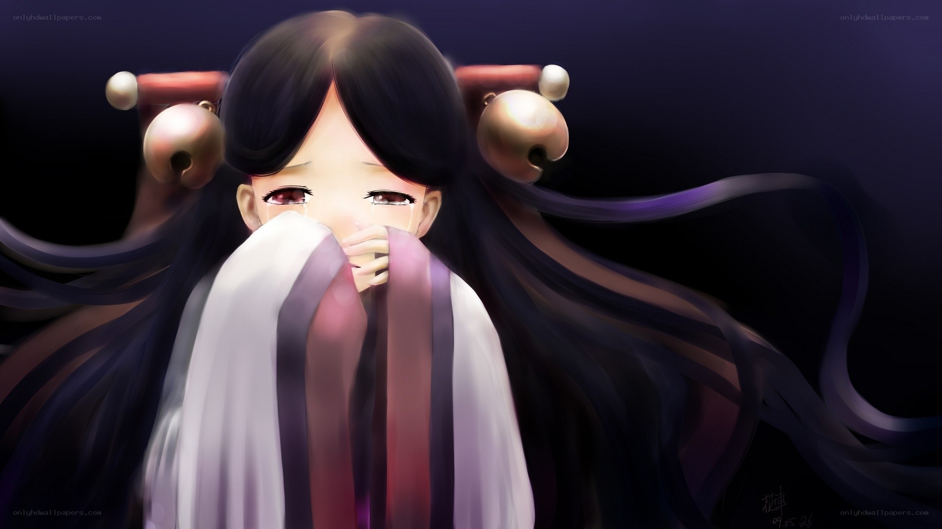 anime girl crying with bells