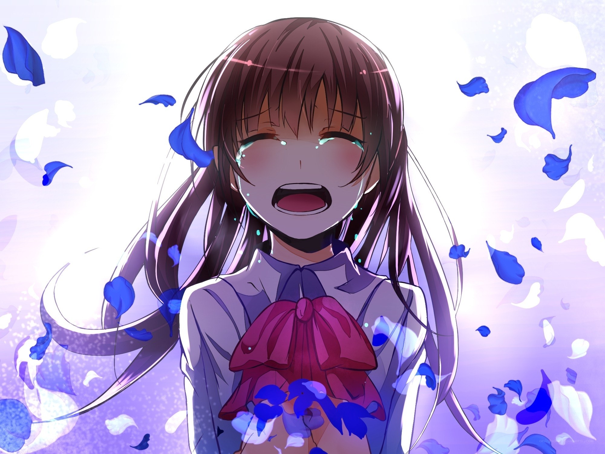 anime girl crying with petals