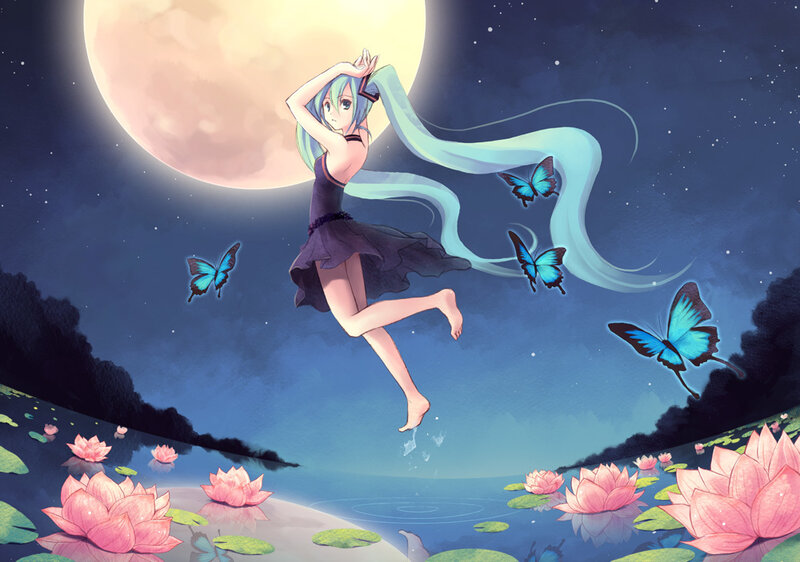 Anime girl dancing by moonlight