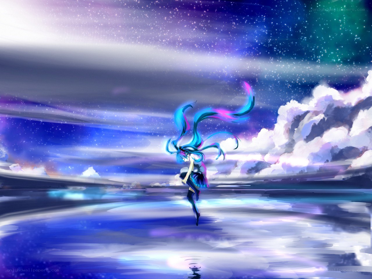 anime girl dancing in starry sky