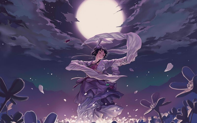 Anime Girl Dancing — Purple, Serene, Night, Digital Art