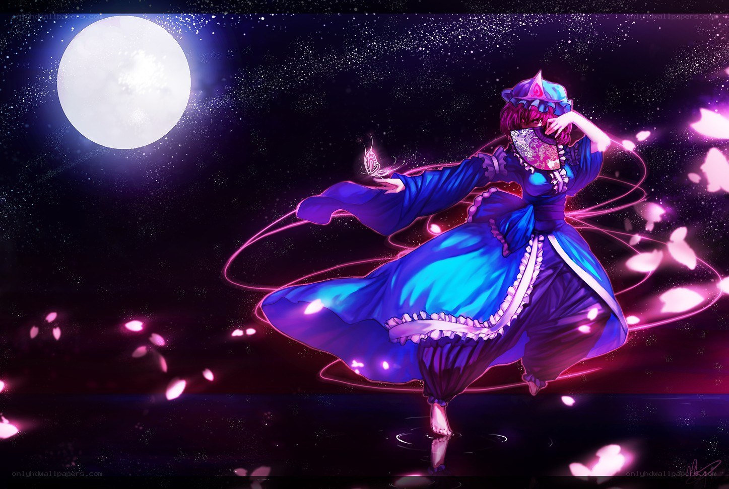 anime girl dancing under moon