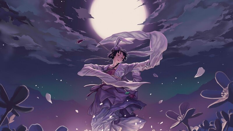 Anime girl dancing under moonlight