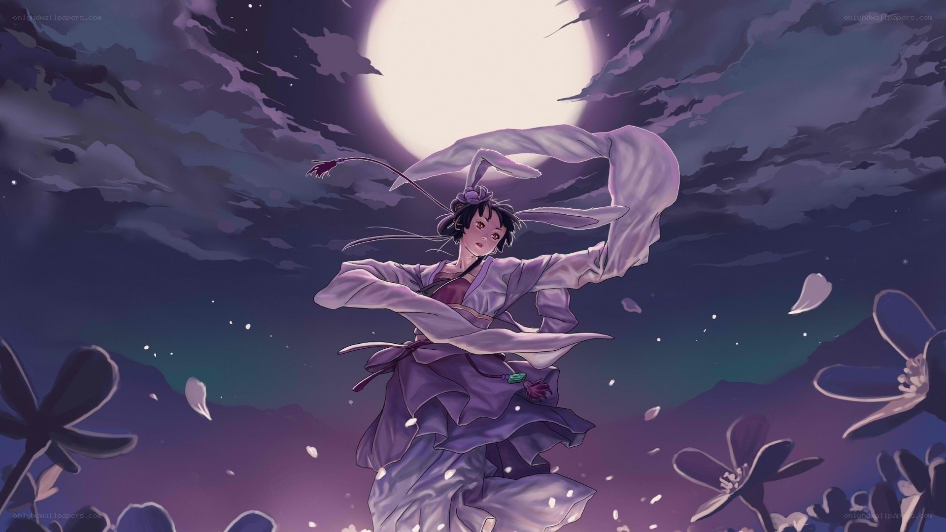 Anime girl dancing under moonlight