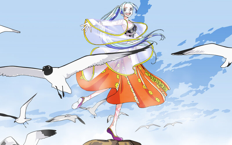 anime girl dancing with seagulls