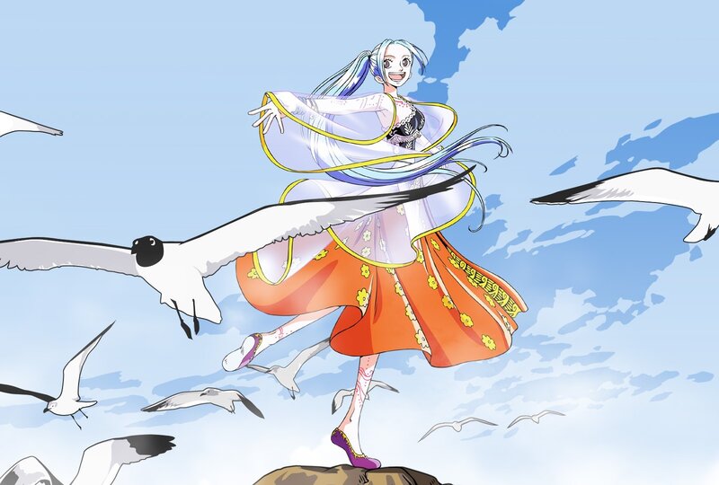 Anime girl dancing with seagulls