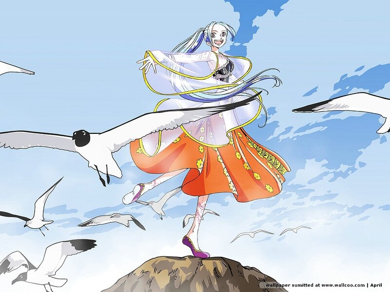 Anime girl dancing with seagulls