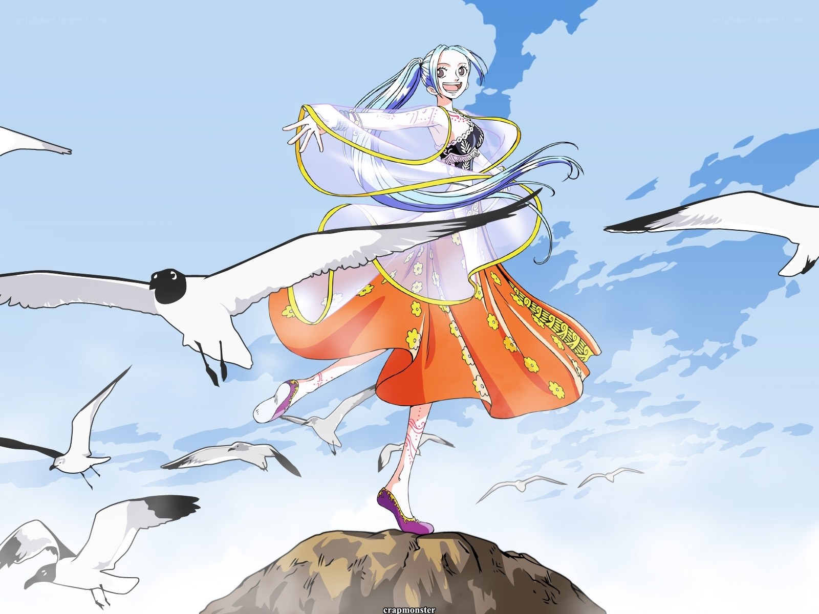 anime girl dancing with seagulls