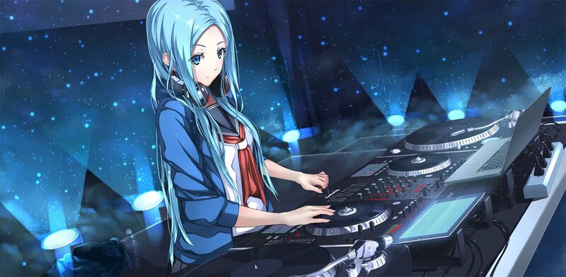 Anime Girl DJ — Blue, Energetic, Night, Digital Art, Dj Booth