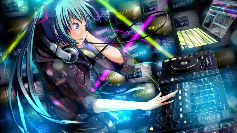 Anime Girl DJing — Blue, Energetic, Digital Art