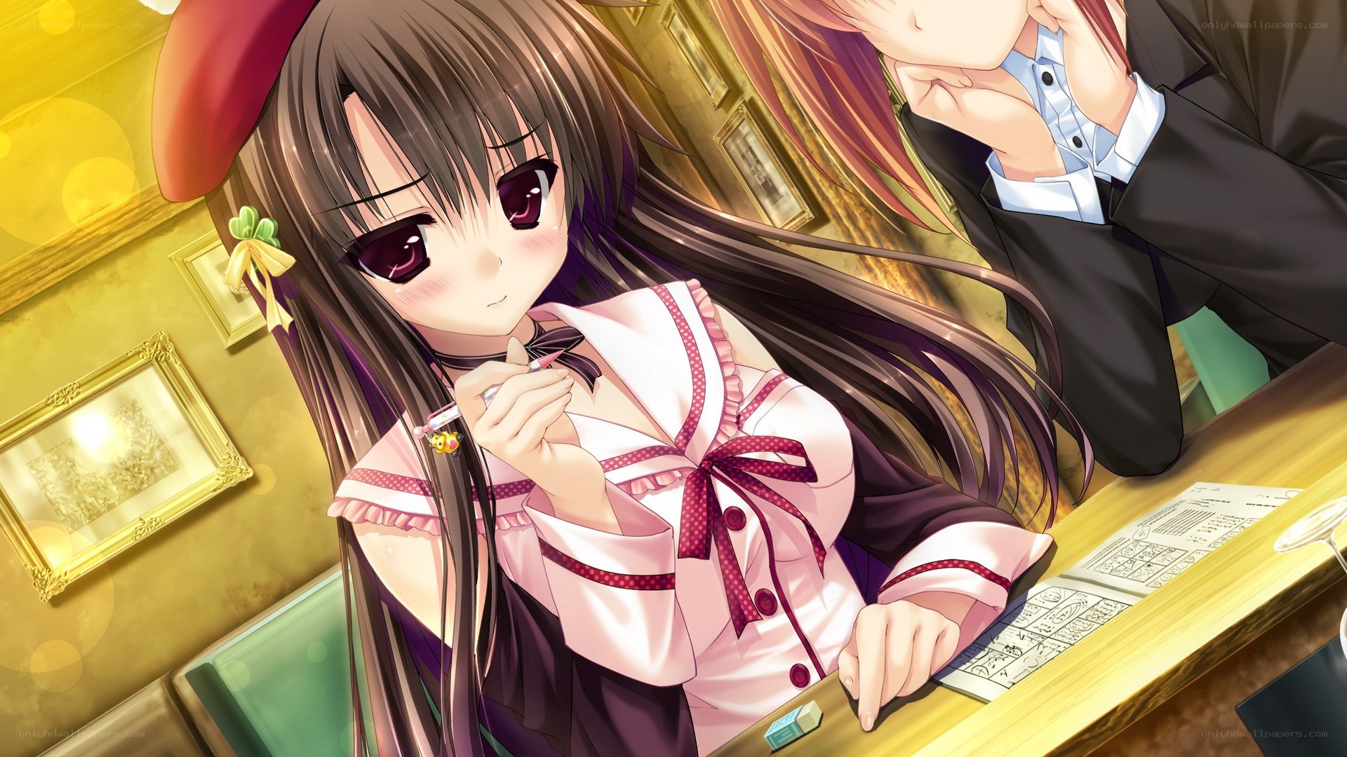 anime girl drawing at cafe