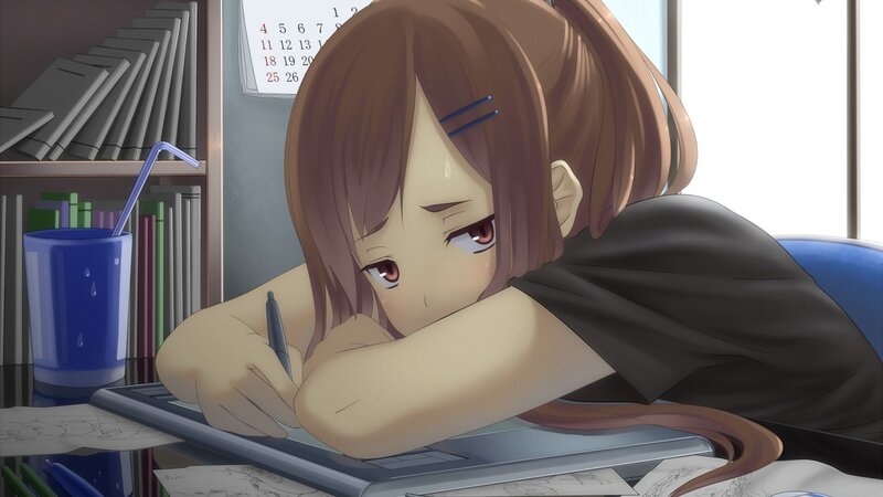 anime girl drawing at desk