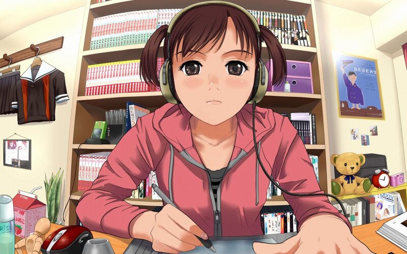 anime girl drawing at desk