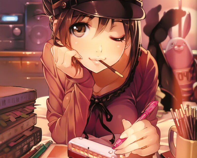 anime girl drawing at desk
