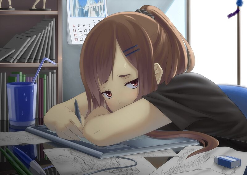 anime girl drawing at desk