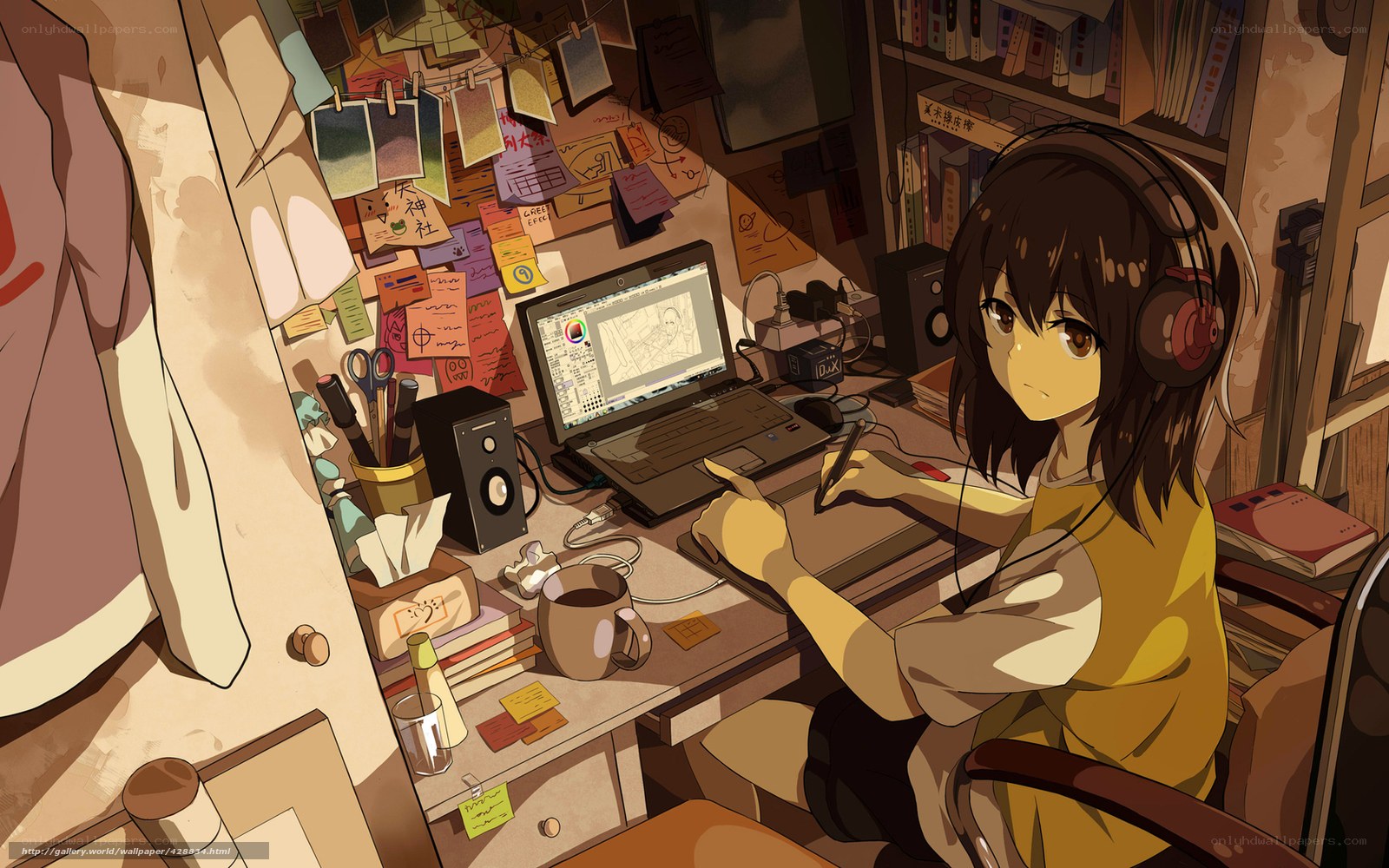 anime girl drawing at desk