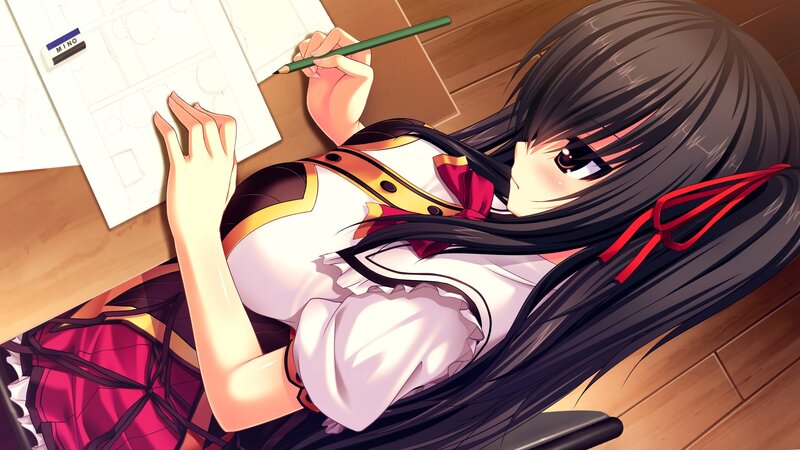 Anime Girl Drawing — Black, Focused, Desk