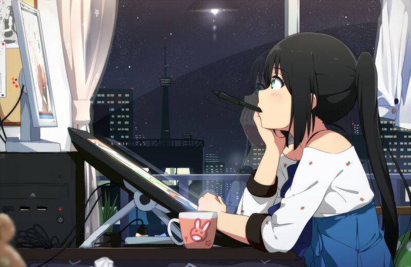 Anime Girl Drawing — Blue, Calm, Night, Computer Monitor