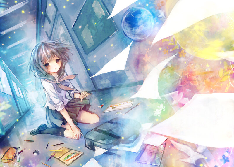Anime Girl Drawing — Blue, Dreamy