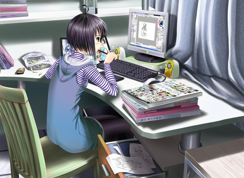 Anime Girl Drawing — Blue, Focused