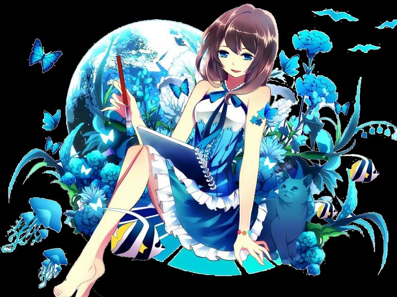 Anime Girl Drawing — Blue, Serene
