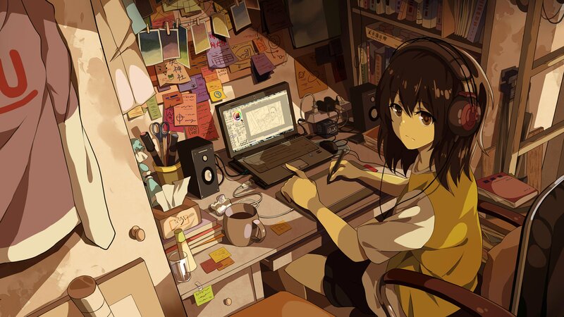 Anime Girl Drawing — Brown, Focused, Night, Digital Art, Laptop