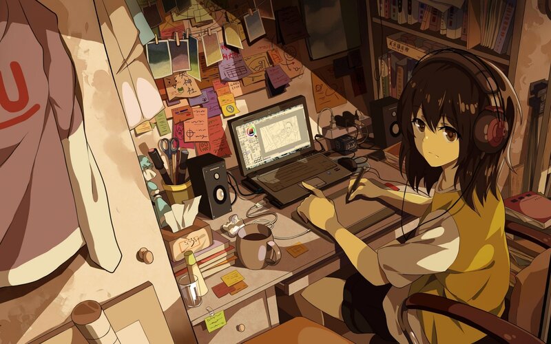 Anime Girl Drawing — Brown, Focused, Night