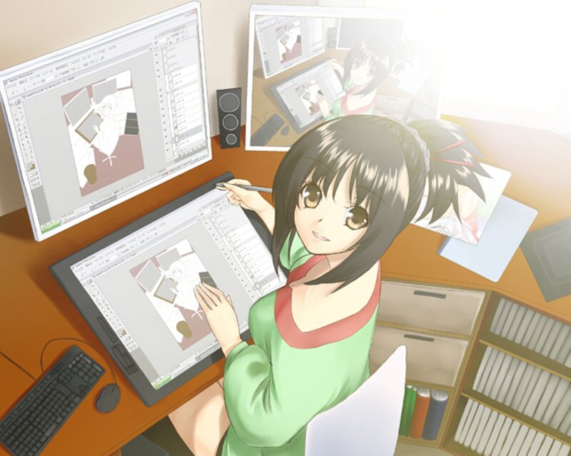 Anime Girl Drawing — Green, Focused