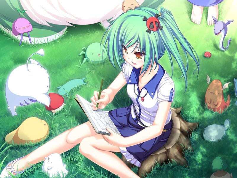 Anime girl drawing in a field