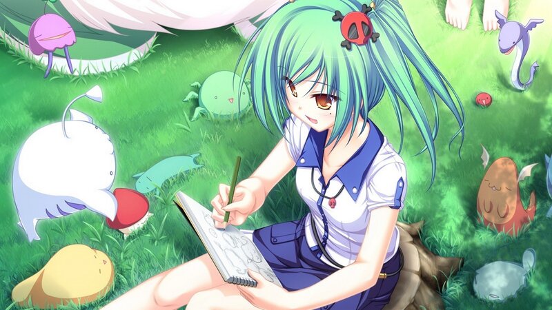 anime girl drawing in a field