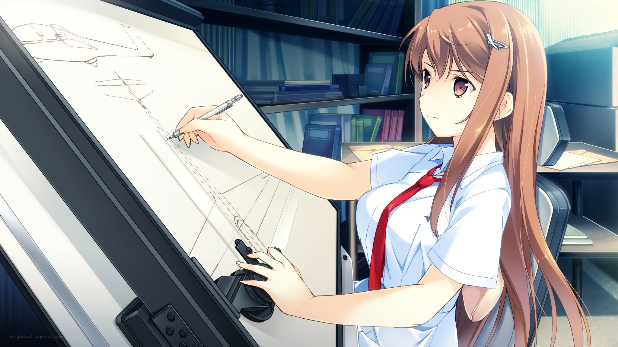 anime girl drawing on a drafting table