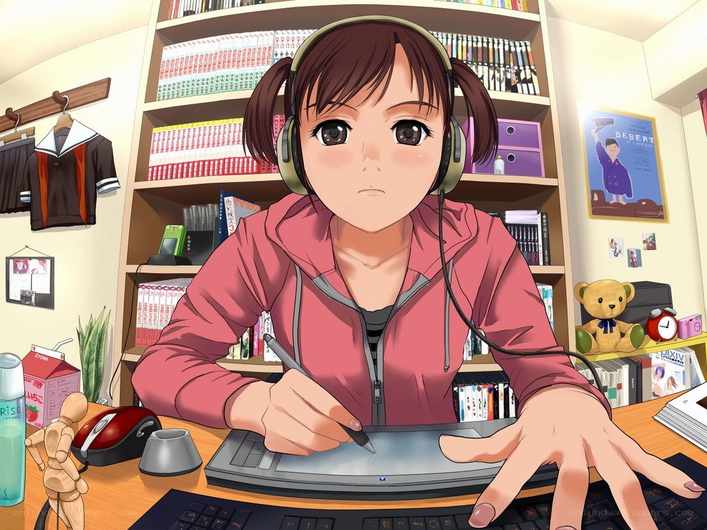 anime girl drawing on tablet
